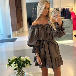 Puff sleeve off-shoulder mini one size linen dress in dark brown colour