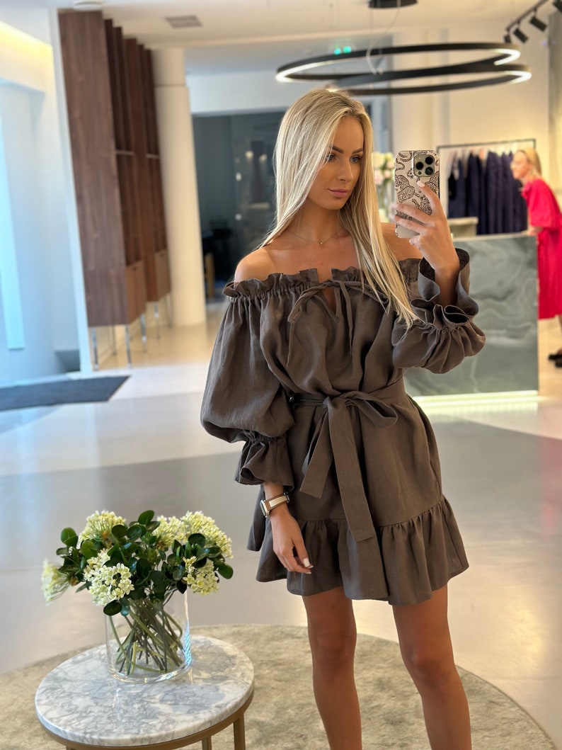 Puff sleeve off-shoulder mini one size linen dress in dark brown colour