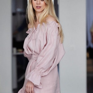 Puff sleeve off-shoulder mini linen dress in dusty rose Moonlove