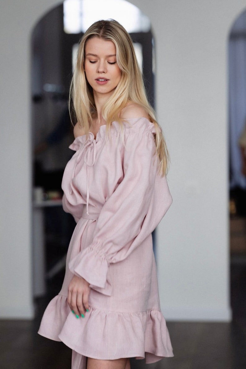 Puff sleeve off-shoulder mini linen dress in dusty rose Moonlove