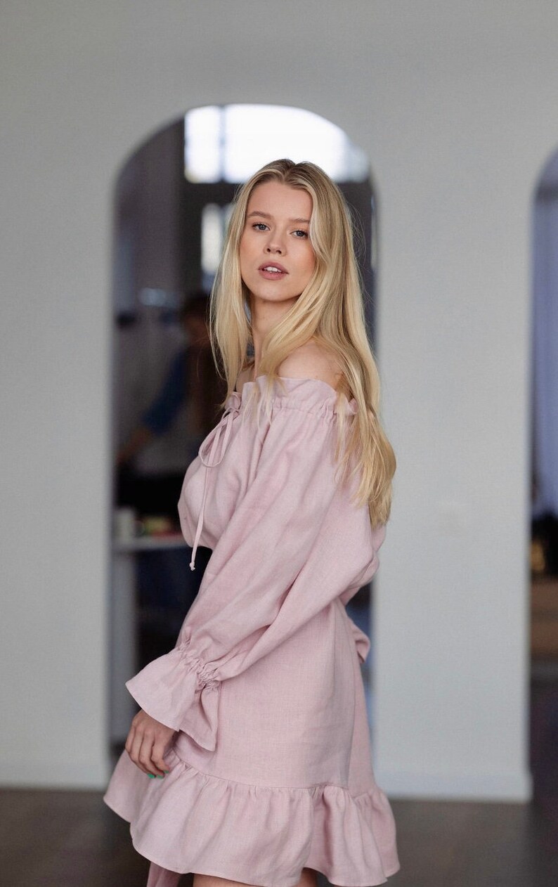 Puff sleeve off-shoulder mini linen dress in dusty rose Moonlove