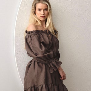 Puff sleeve off-shoulder mini linen dress in dark brown Moonlove