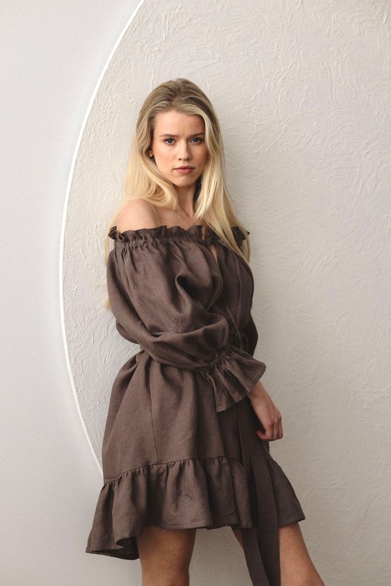 knee length dresses for ladies Brown Linen Balliet Mini Dress main image 1