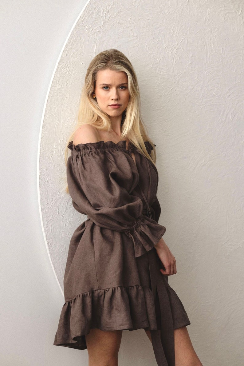 Puff sleeve off-shoulder mini linen dress in dark brown Moonlove