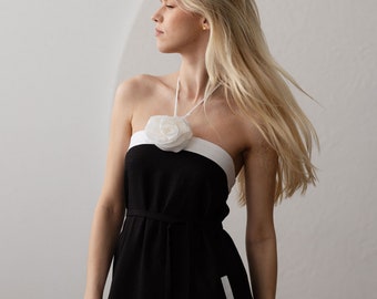 Midi linen halter dress with flower detail in black Paris
