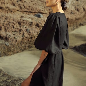 Midi puff sleeve wrap linen dress Dune in black