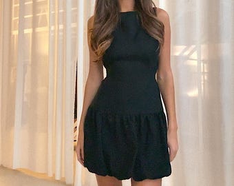 Linen Bubble Mini Dress DOLLY: Sleeveless Boat Neck Summer Dress