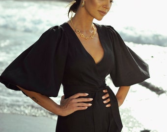 Midi puff sleeve wrap linen dress Dune in black