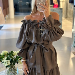 Puff sleeve off-shoulder mini one size linen dress in dark bown colour