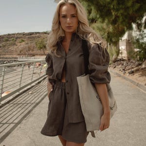 LUNA Brown Linen Shorts – Elastic Waist Shorts with Side Pockets, Rounded Slits, Flowy Shape