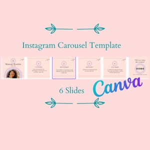 May include: A pink and white Instagram carousel template with six slides. The slides are numbered 1 through 6 and each slide has a different skincare routine step. The steps are: cleansing, moisturizer, exfoliant, eye cream, and a question asking if the viewer enjoyed the content. The template is designed to be used on Canva.