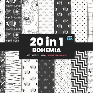 Black and White Floral Digital Paper - Monochrome Flower Seamless Pattern - Bohemia Background - Blossom Print -Scrapbooking, Commercial Use
