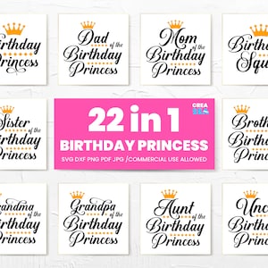 Pacote SVG de Princesa de Aniversário, Pacote PNG de Camisa de Família de Princesa de Aniversário, 22 Designs para Impressão por Sublimação e Cricut, Arquivo de Corte de Silhueta
