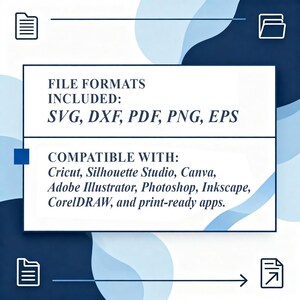 May include: A digital graphic design file information graphic with a white rectangular box on a blue background. The text reads "FILE FORMATS INCLUDED: SVG, DXF, PDF, PNG, EPS" and "COMPATIBLE WITH: Cricut, Silhouette Studio, Canva, Adobe Illustrator, Photoshop, Inkscape, CorelDRAW, and print-ready apps."