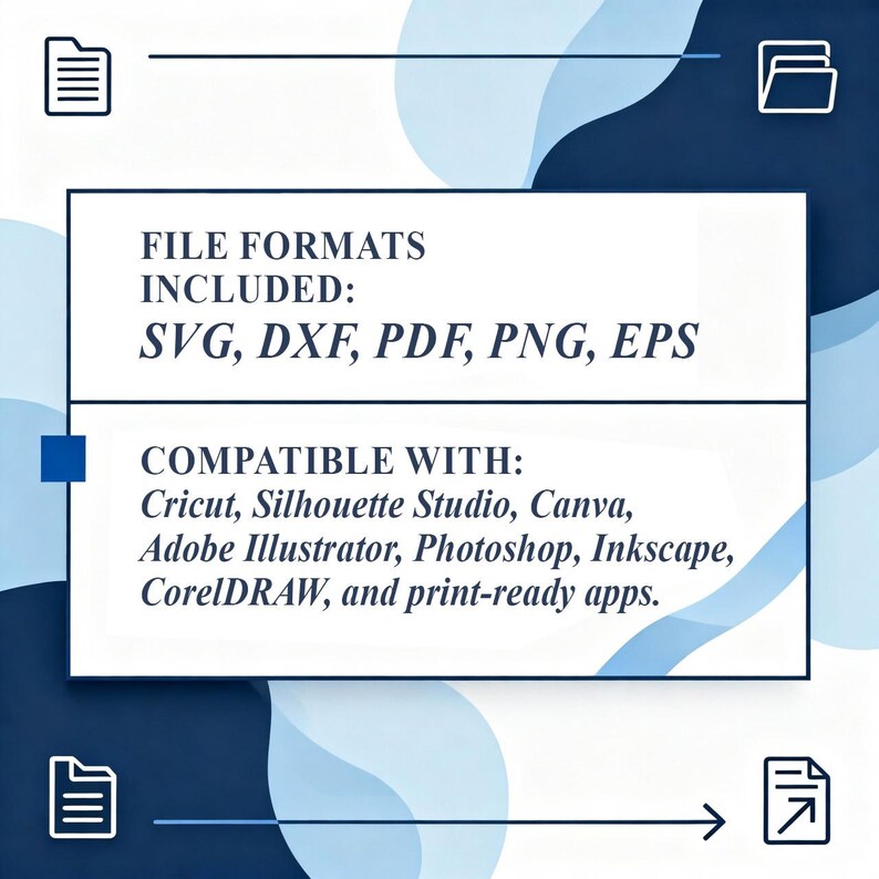 May include: A digital graphic design file information graphic with a white rectangular box on a blue background. The text reads "FILE FORMATS INCLUDED: SVG, DXF, PDF, PNG, EPS" and "COMPATIBLE WITH: Cricut, Silhouette Studio, Canva, Adobe Illustrator, Photoshop, Inkscape, CorelDRAW, and print-ready apps."