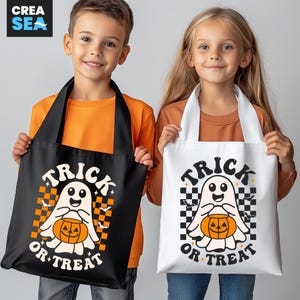 Des bonbons ou un sort SVG, PNG, damier rétro, fantôme, enfant Halloween Treat sac Svg, personnaliser, ajouter un nom personnalisé, pour Cricut, Silhouette