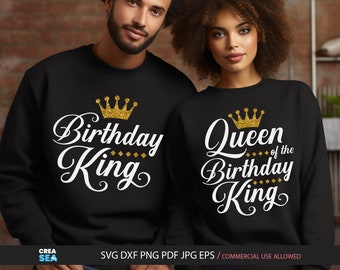 Birthday King + Queen Of The Birthday King, PNG, SVG, Dxf Files, Birthday Man&#39;s Shirt, White & Gold Design, for Sublimation, Cricut, HTV