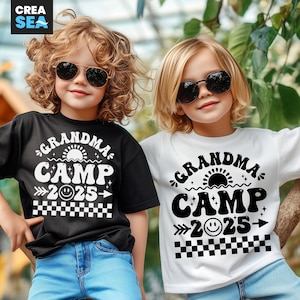 Acampamento da Vovó SVG, PNG, Camiseta Infantil para Acampamento SVG, Acampamento de Verão 2025 SVG, Smiley, Xadrez, Branco e Preto, para Cricut, Impressão por Sublimação