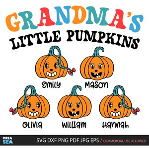 Grandma&#39;s Little Pumpkins Svg, Png, Retro, Groovy Grandma Halloween Shirt Svg, Personalize File with Grandkids Names, Sublimation, Cricut