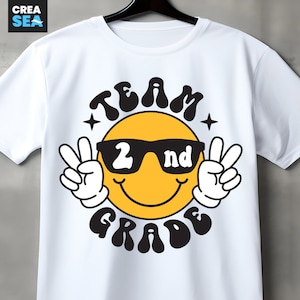 Team 2nd Grade Png, Svg, Retro Groovy Design, Second Grade Team Svg, Camisa de 2ª série Svg, Óculos de sol Smiley Face, para Cricut, Sublimação