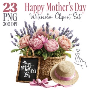 Arreglo de cesta PNG, 23 imágenes aisladas de 300 DPI, Feliz Día de la Madre PNG, Tarjeta personalizada, Cesta de flores de jardín PNG, Sublimación