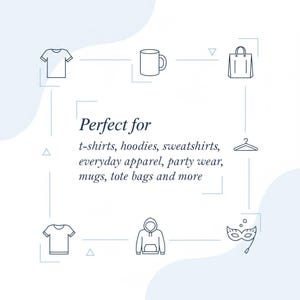 May include: Line art illustration with a white background featuring a t-shirt, mug, tote bag, hanger, hoodie, and a masquerade mask. The text "Perfect for" is above a list of items including t-shirts, hoodies, and mugs.