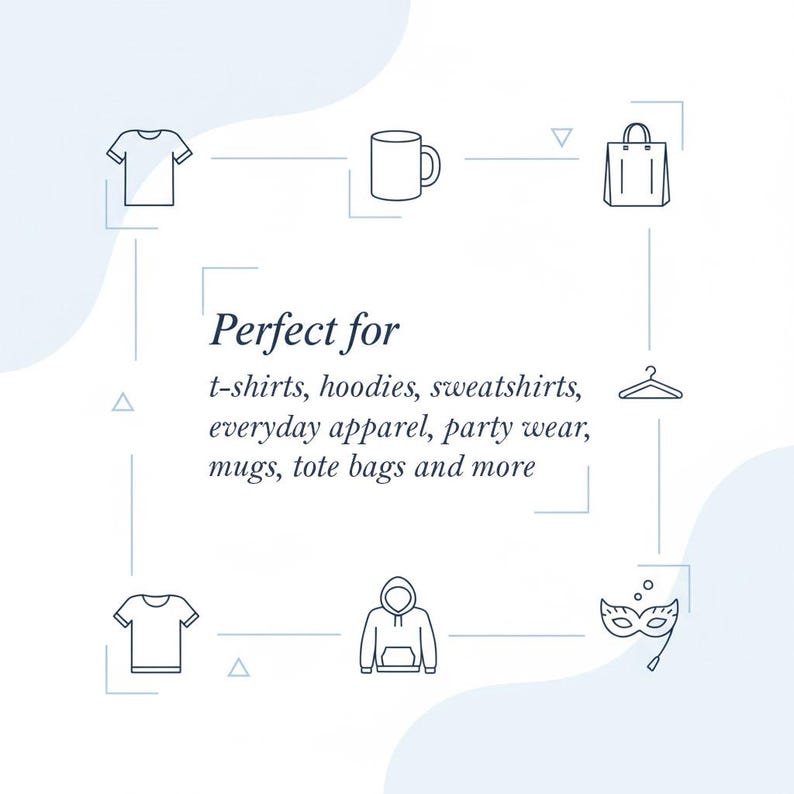 May include: Line art illustration with a white background featuring a t-shirt, mug, tote bag, hanger, hoodie, and a masquerade mask. The text "Perfect for" is above a list of items including t-shirts, hoodies, and mugs.