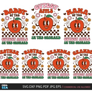 Lot famille Svg pomme la plus mignonne du verger, png, papa, maman, frère, soeur, grand-mère, grand-père, cueillette de pommes en famille, chemise assortie rétro groovy