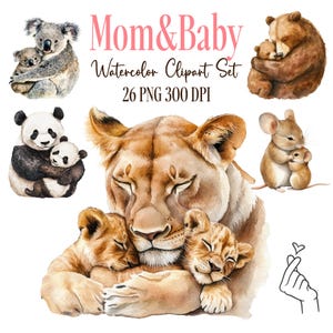 Schattige dieren moeder met baby PNG-illustraties, grote collectie, wilde dieren, Happy Mother's Day png, sublimatie, kinderprint, kinderkamerposter