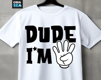 May include: White t-shirt with black text that reads "Dude I'm" and a black cartoon hand with four fingers raised.