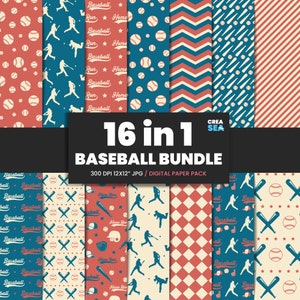 Baseball Digital Paper, Baseball Seamless Pattern, Baseball Background, Wrapping, Packaging, Baseball Theme Pack Retro Colors White Blue Red