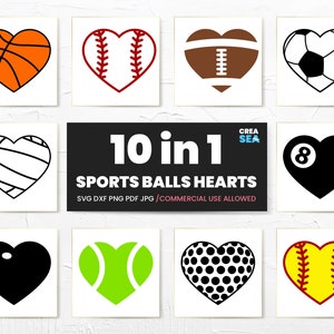 Sport Heart Svg, Pacote Ball Hearts Svg, Sports Love Svg, Beisebol, Futebol, Voleibol, Basquete, Bilhar, Tênis, Boliche, Futebol