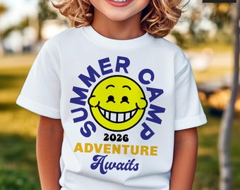 Camp d'été 2026 SVG, PNG, l'aventure vous attend, chemise de camping pour enfants (téléchargement numérique)