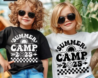 Summer Camp SVG, PNG, Kids Camping Shirt Svg, Summer Camping 2025 Svg, Smiley, Checkered, in White & Black, for Cricut, Sublimation Printing