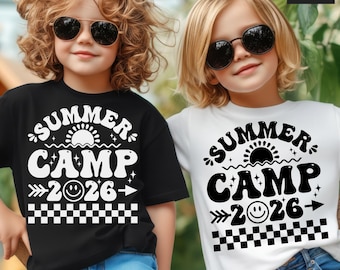 Camp d'été SVG, PNG, enfants camping 2026 chemise Svg, Smiley, damier, blanc et noir, pour Cricut, sublimation