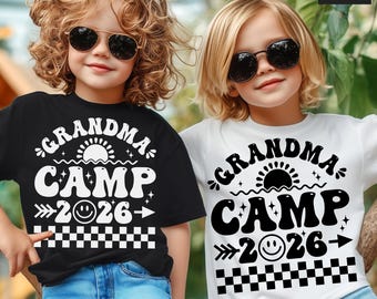 Grand-mère camp SVG, PNG, chemise de camping pour enfants Svg, camping 2026 Svg, Smiley, damier, blanc et noir, pour Cricut, sublimation