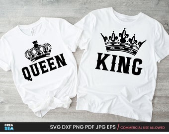 King Svg + Queen Svg, Png, Couple Matching Shirts Svg, Royal Crown Design, For Her & Him, Cricut, Silhouette, Sublimation, Commercial Use OK
