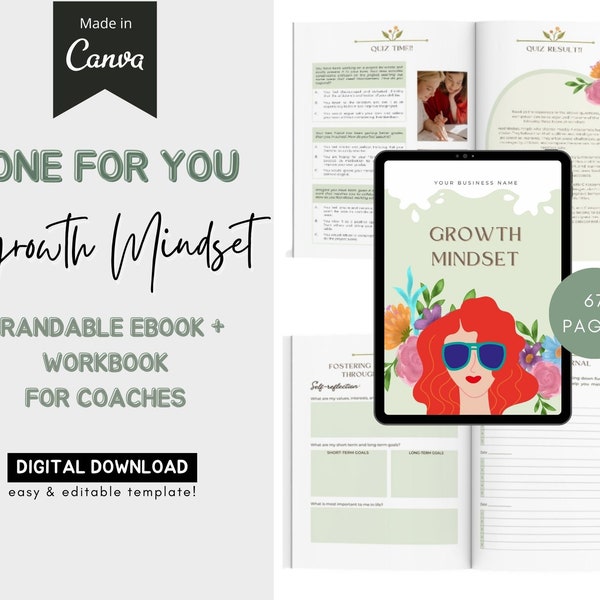 Done for you editable Growth Mindset Ebook & Workbook template, Commercial use lead magnate Mindset Coaching Worksheet, brandable eCourse