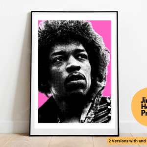 May include: Black and white portrait of Jimi Hendrix with a pink background, framed in black. The image is a halftone print, with the text "Jimi Hendrix Print" in a yellow circle. The print is available in two versions, with and without the name.