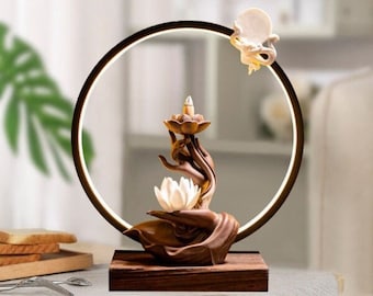 White Lotus Large Backflow Incense Burner With LED Light | Round Incense Stick Holder Lamp Decor