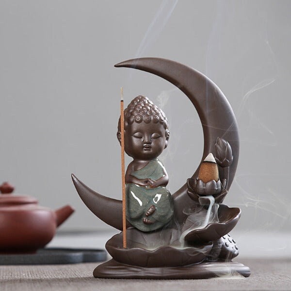 Little Buddha Incense Cone Burner With Moon And Lotus Leaves | Incense Stick Holder Ornament Gift