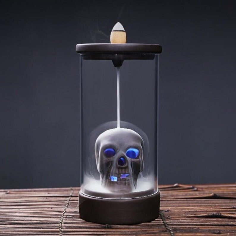 Immortal Skull Backflow Windproof Glass Incense Burner With LED Light Enclosed Acrylic Glass