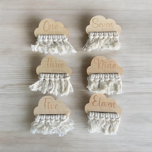 Set of 6 Wooden Baby Milestone Cloud, Sun Cards with Tassles