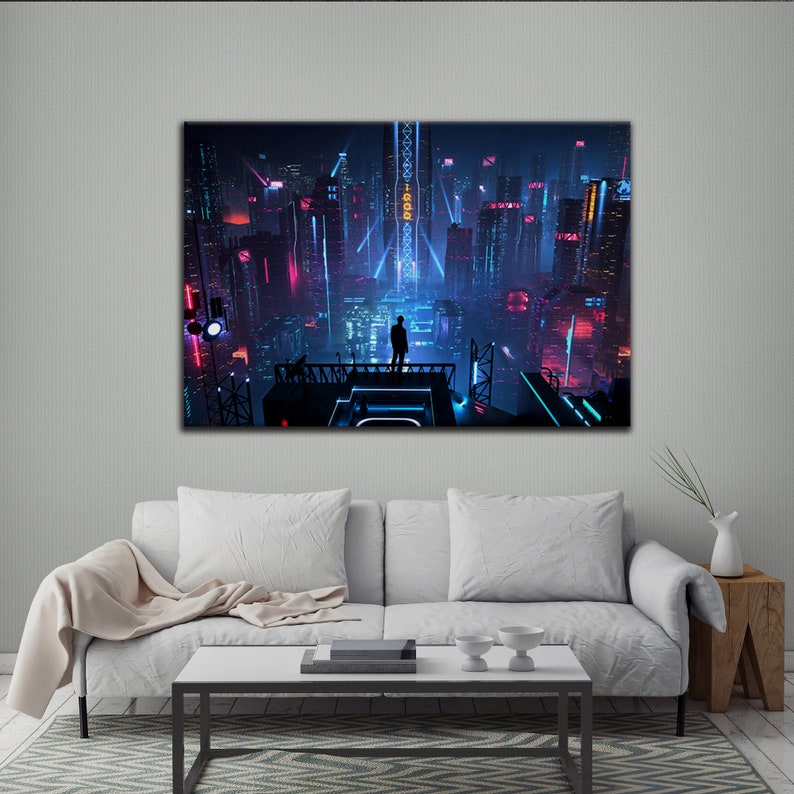 Cyberpunk City Poster Neo Futuristic Wall Art Rolled Canvas - Etsy