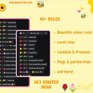 40+ Roles, Beautiful colour roles, Level roles, Location & pronouns, pings & partnerships & more! Get starter now!