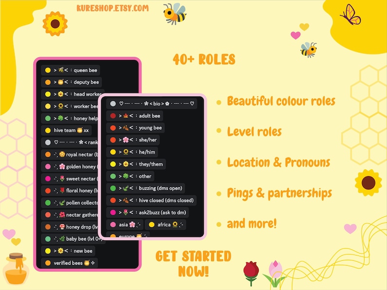 40+ Roles, Beautiful colour roles, Level roles, Location & pronouns, pings & partnerships & more! Get starter now!