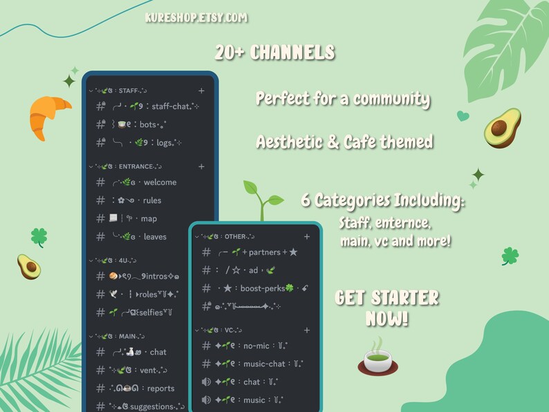20+ Channels. Perfect for a community | Aesthetic & Cafe themed | 6 Categories including Staff, entrance, main, vc and more! Get started now