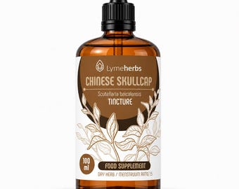 May include: A 100 ml amber glass bottle with a black dropper cap. The label features the text Lymeherbs, CHINESE SKULLCAP, Scutellaria baicalensis, TINCTURE, FOOD SUPPLEMENT, and DRY HERB / MENSTRUUM RATIO 1:5, with a brown botanical illustration.