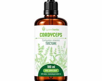 May include: A 100 ml amber glass bottle with a black dropper cap containing Cordyceps sinensis tincture. The white label features the text Lymeherbs, CORDYCEPS, Cordyceps sinensis TINCTURE, 100 ml, FOOD SUPPLEMENT, and DRY HERB / MENSTRUUM RATIO 1:2.