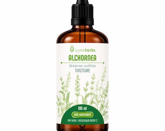 May include: A 100 ml amber glass bottle with a black dropper cap, featuring a white label with green text that reads Lymeherbs Alchornea Alchornea cordifolia Tincture, a green botanical illustration, and the text Food Supplement Dry Herb Menstruum Ratio 1:2.